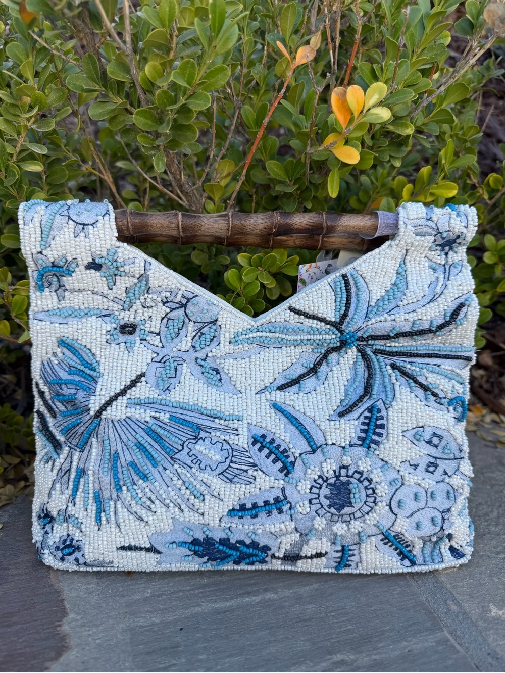 NWT BEADED PURSE Blue Floral BAG w Bamboo Handle Sequin Statement Bag - Picture 4 of 16
